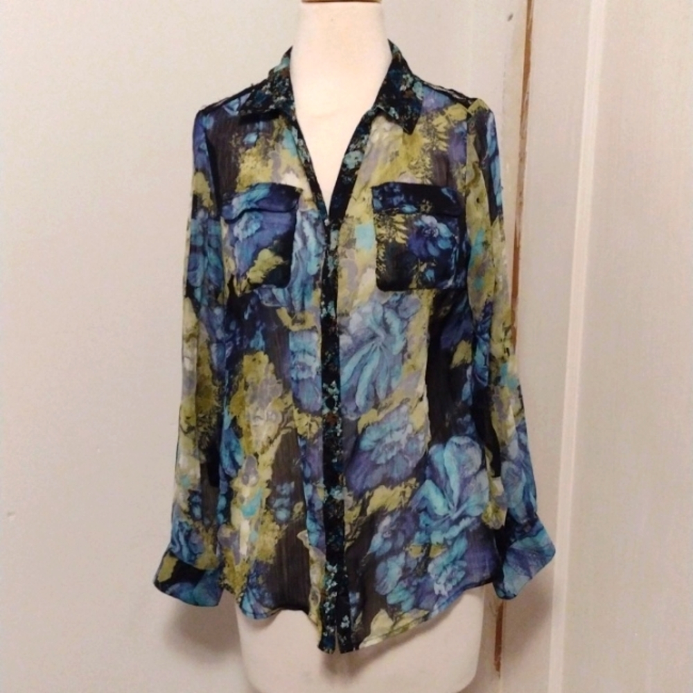 dressbarn Sheer Abstract Floral Button Down